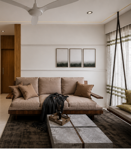 Bedroom of the Baner apartment with a calm green and timber palette